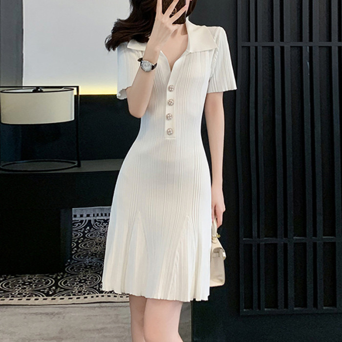 Waist Cinch V Neck Ice Silk Knit A-Line Dress | Slimming Summer Women Dress