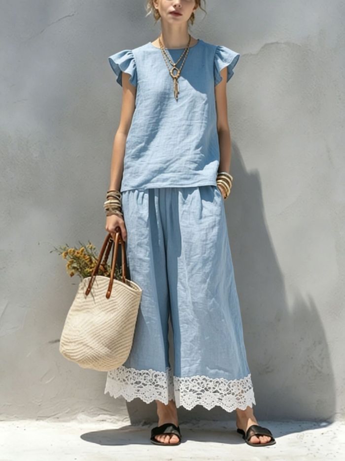 Ruffle Sleeveless Lace Trim Top & Wide Leg Pants Two Piece Set | Casual Summer Women Outfit