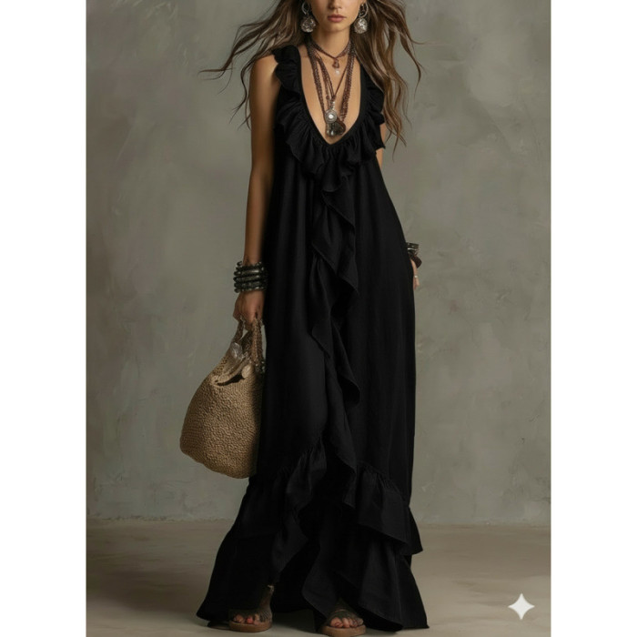 Solid Ruffle Sleeveless Loose Dress | Fashion Summer Women Casual Dress