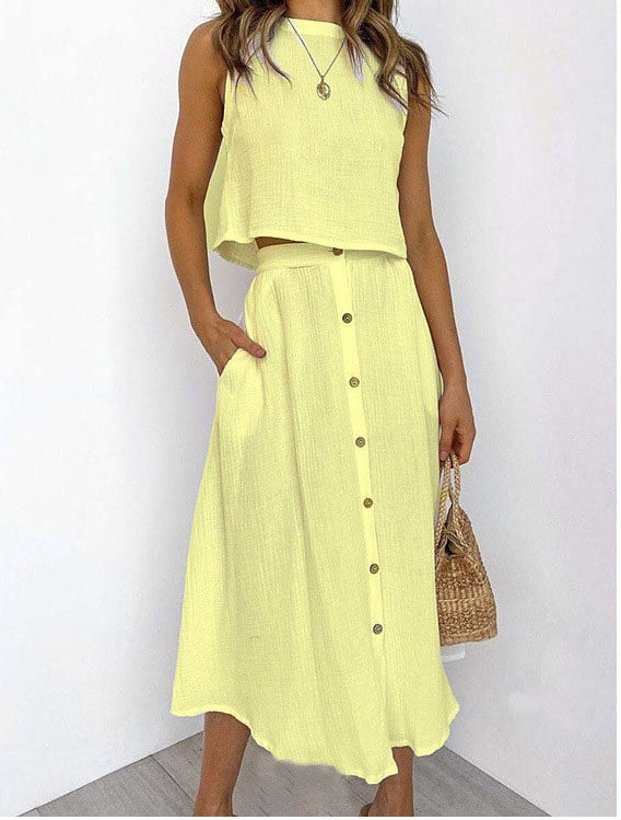 O-Neck Vest & Single-Breasted Midi Skirt Two Piece Set | Elegant Double-Layer Women Outfit