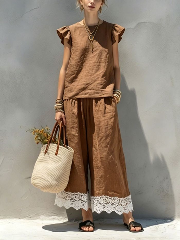 Ruffle Sleeveless Lace Trim Top & Wide Leg Pants Two Piece Set | Casual Summer Women Outfit