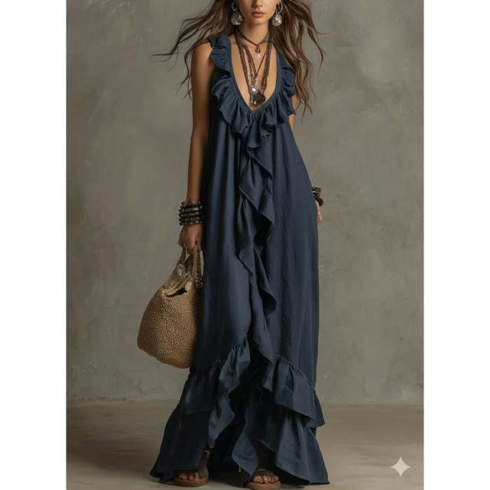 Solid Ruffle Sleeveless Loose Dress | Fashion Summer Women Casual Dress