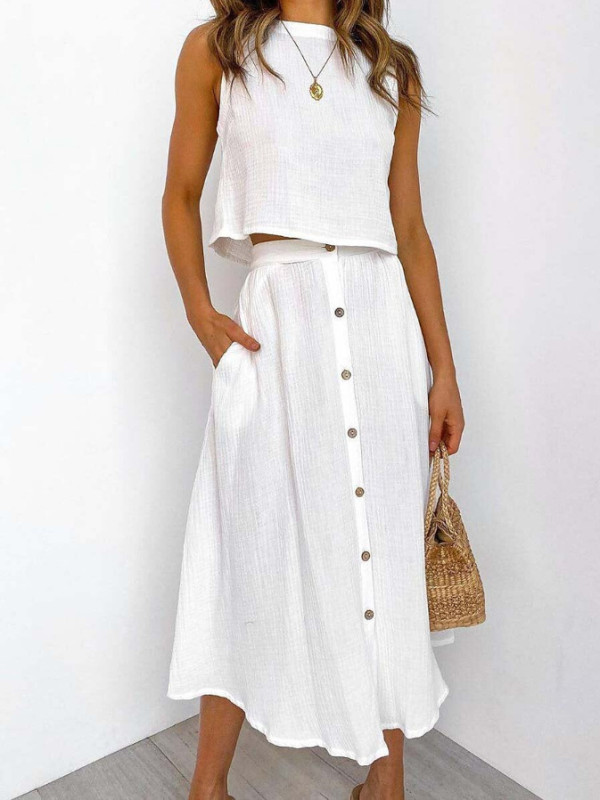 O-Neck Vest & Single-Breasted Midi Skirt Two Piece Set | Elegant Double-Layer Women Outfit