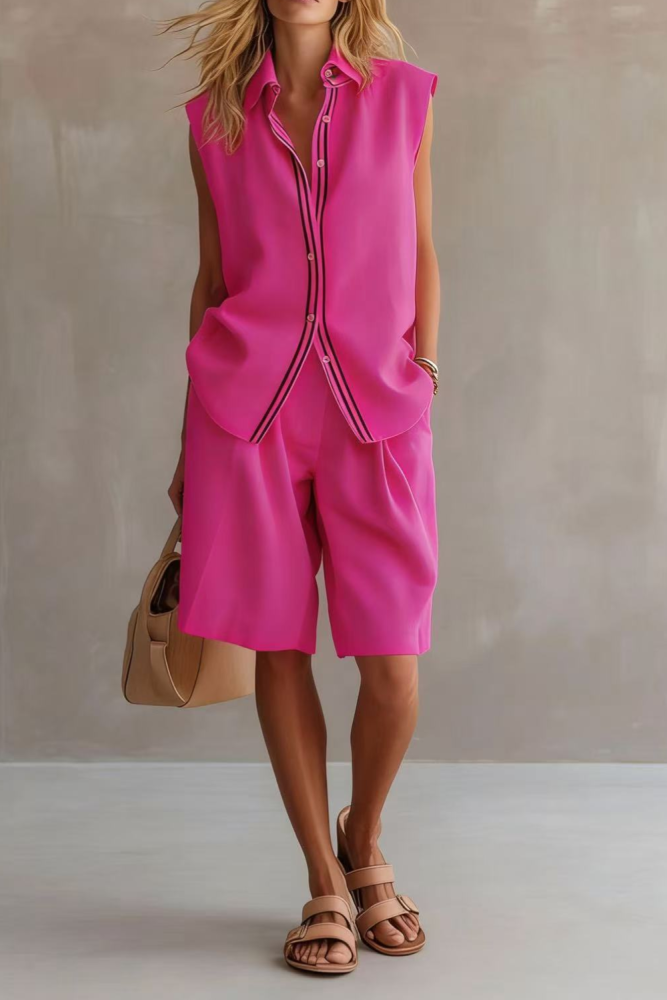 Color Block Lapel Sleeveless Linen Top & Shorts Two Piece Set | Summer Office Casual Women Outfit