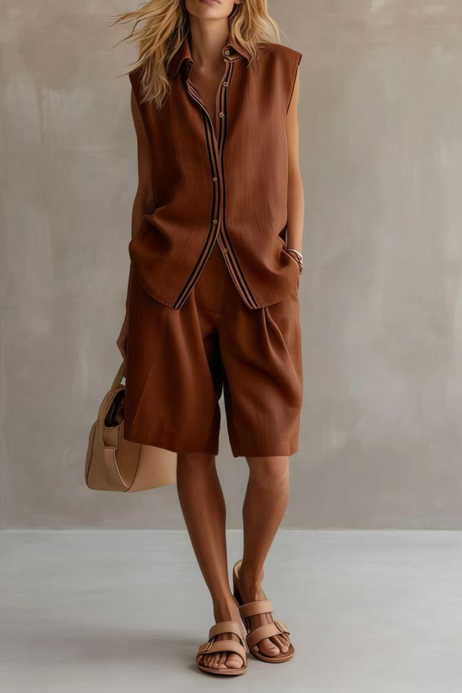 Color Block Lapel Sleeveless Linen Top & Shorts Two Piece Set | Summer Office Casual Women Outfit