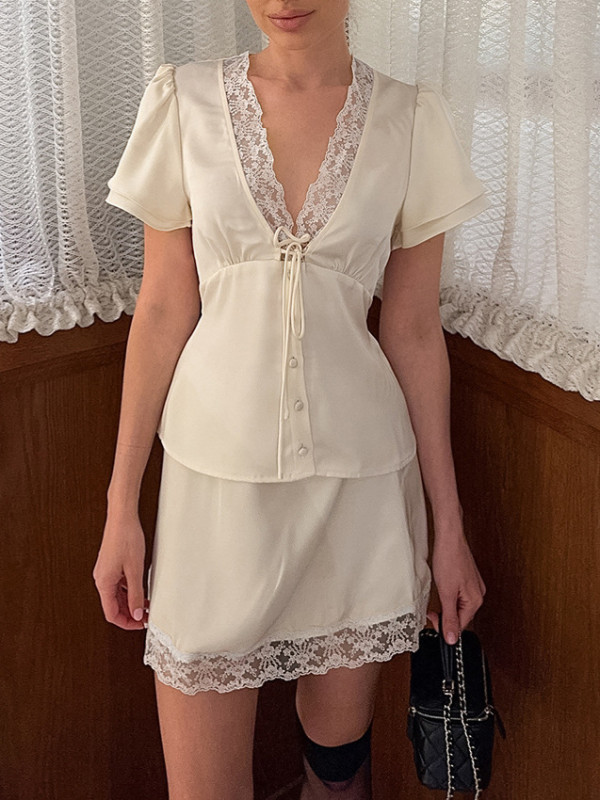 Lace Patchwork V Neck Top & Mini Skirt Two Piece Set | Spring Summer Women Casual Outfit