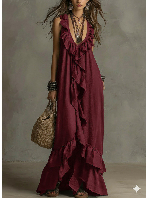 Solid Ruffle Sleeveless Loose Dress | Fashion Summer Women Casual Dress