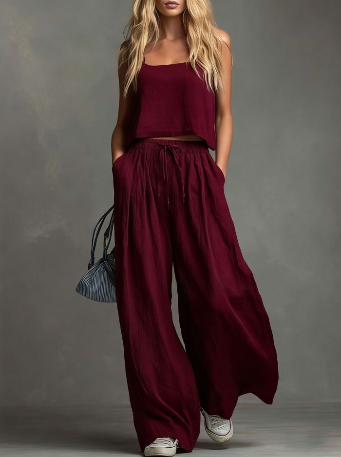 Suspender Top & Lace-Up Pocket Wide Leg Pants Two Piece Set | Summer Women Casual Suit