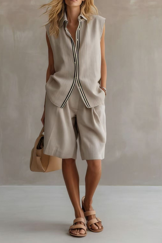 Color Block Lapel Sleeveless Linen Top & Shorts Two Piece Set | Summer Office Casual Women Outfit