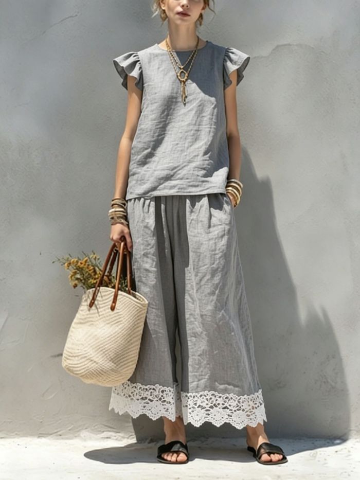Ruffle Sleeveless Lace Trim Top & Wide Leg Pants Two Piece Set | Casual Summer Women Outfit