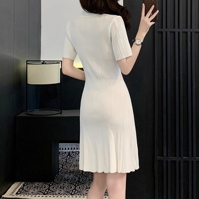 Waist Cinch V Neck Ice Silk Knit A-Line Dress | Slimming Summer Women Dress