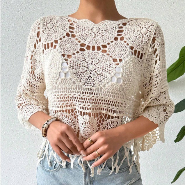Bohemian Openwork Fan Trim Three-Quarter Sleeve Cover-Up Top