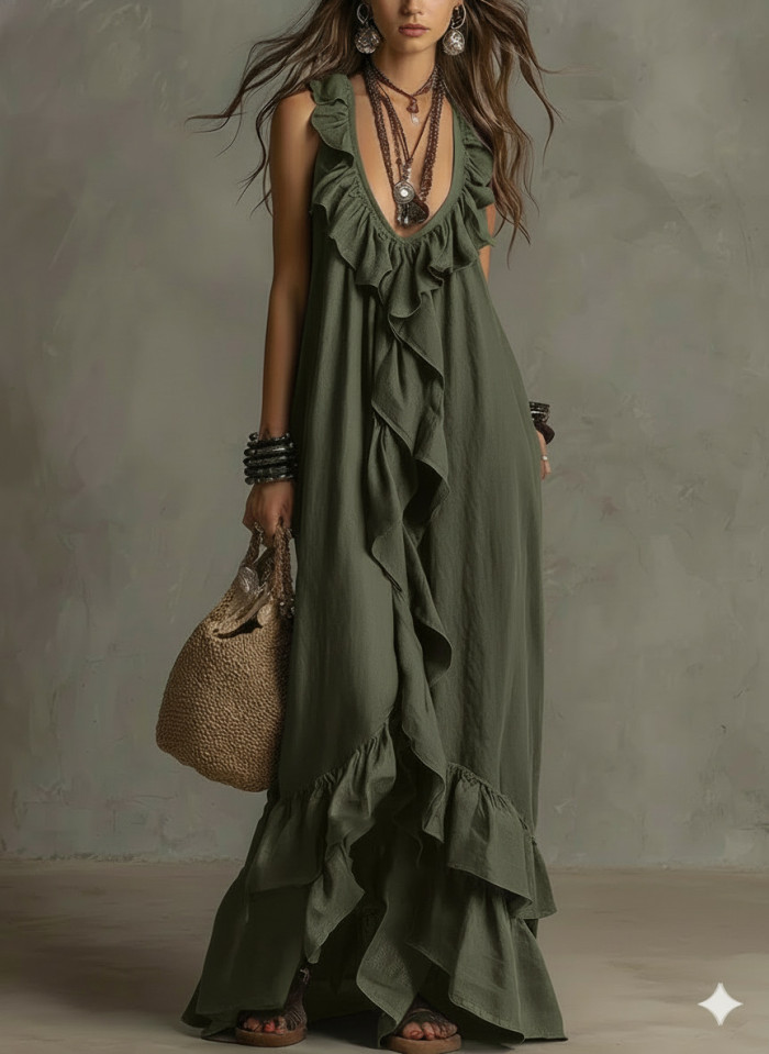 Solid Ruffle Sleeveless Loose Dress | Fashion Summer Women Casual Dress