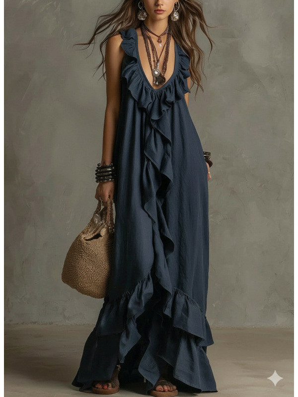 Solid Ruffle Sleeveless Loose Dress | Fashion Summer Women Casual Dress