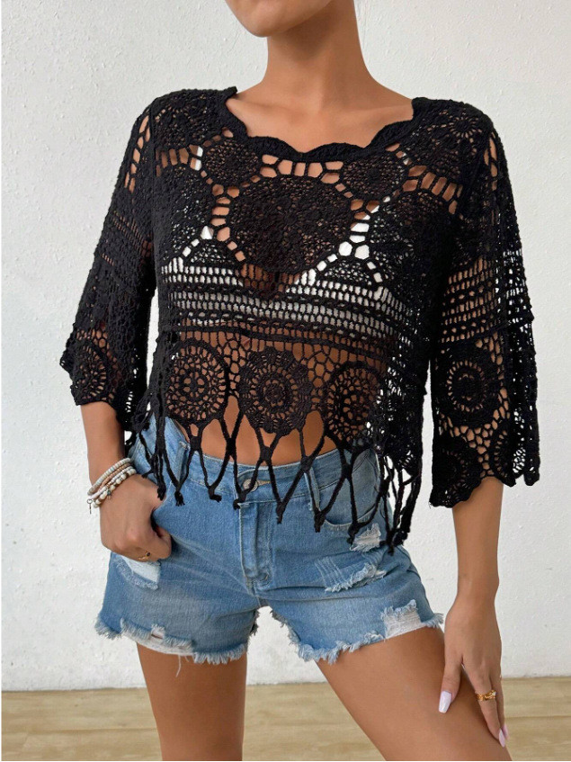 Bohemian Openwork Fan Trim Three-Quarter Sleeve Cover-Up Top