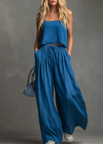 Suspender Top & Lace-Up Pocket Wide Leg Pants Two Piece Set | Summer Women Casual Suit