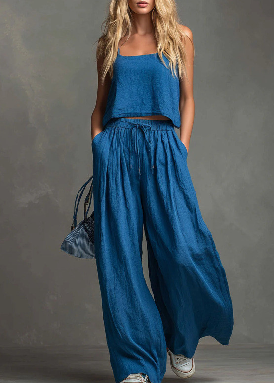 Suspender Top & Lace-Up Pocket Wide Leg Pants Two Piece Set | Summer Women Casual Suit