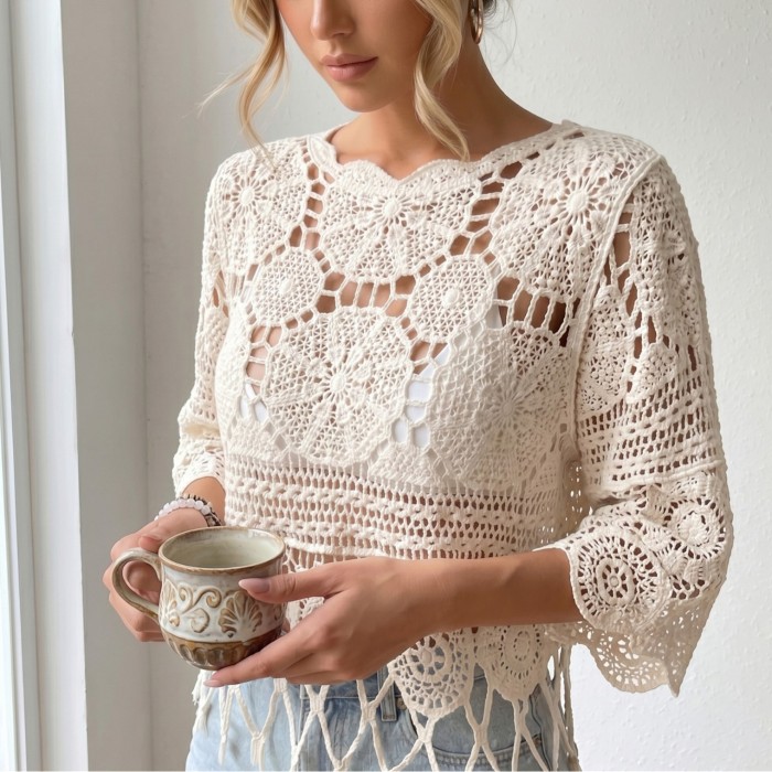Bohemian Openwork Fan Trim Three-Quarter Sleeve Cover-Up Top