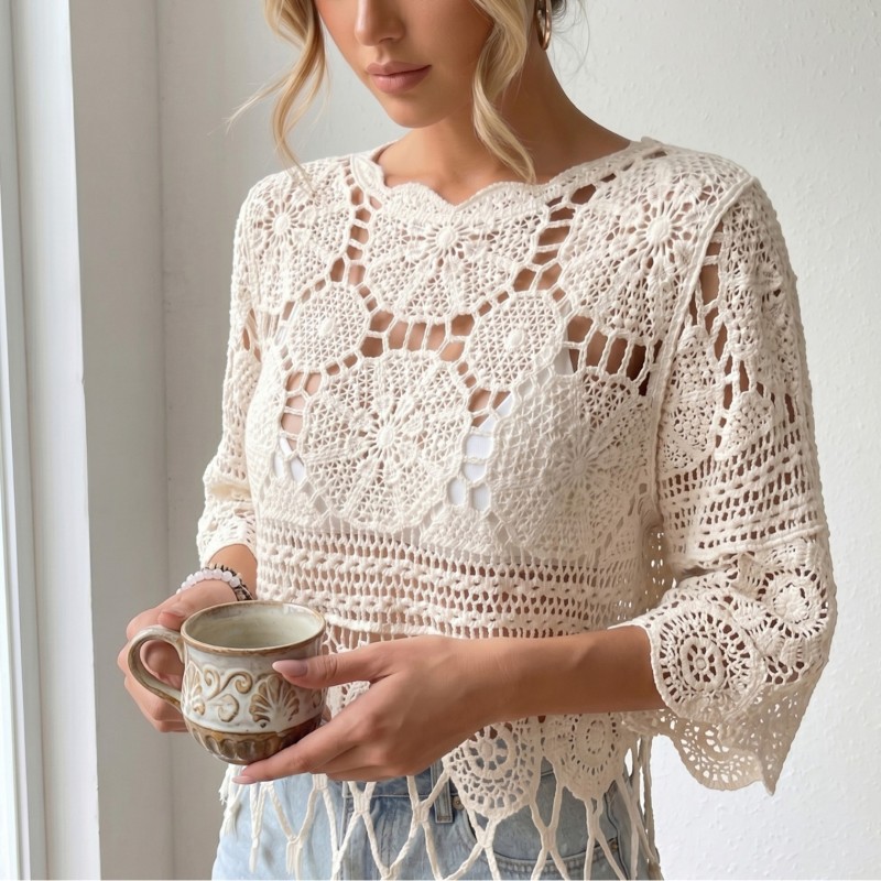 Bohemian Openwork Fan Trim Three-Quarter Sleeve Cover-Up Top