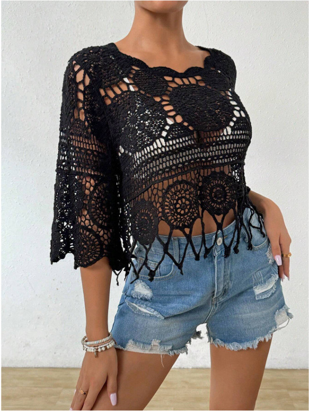 Bohemian Openwork Fan Trim Three-Quarter Sleeve Cover-Up Top