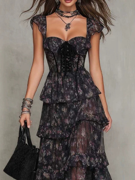 Gothic Floral Tiered Chiffon Maxi Dress With Corset Waist