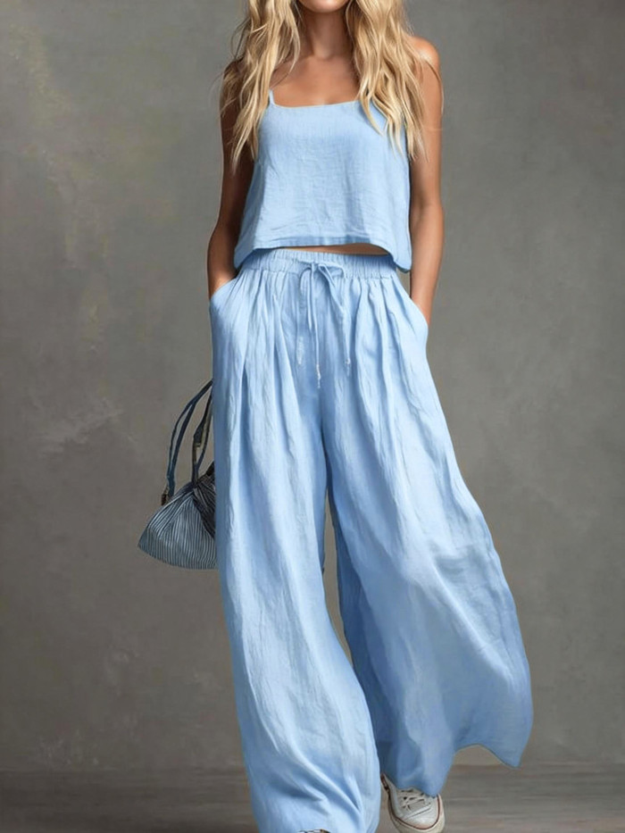 Suspender Top & Lace-Up Pocket Wide Leg Pants Two Piece Set | Summer Women Casual Suit