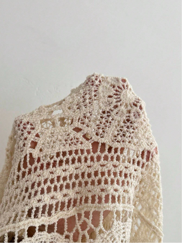 Bohemian Openwork Fan Trim Three-Quarter Sleeve Cover-Up Top