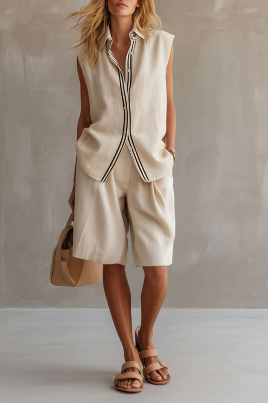 Color Block Lapel Sleeveless Linen Top & Shorts Two Piece Set | Summer Office Casual Women Outfit
