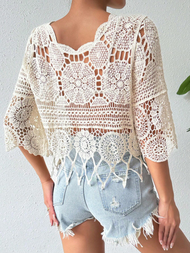 Bohemian Openwork Fan Trim Three-Quarter Sleeve Cover-Up Top