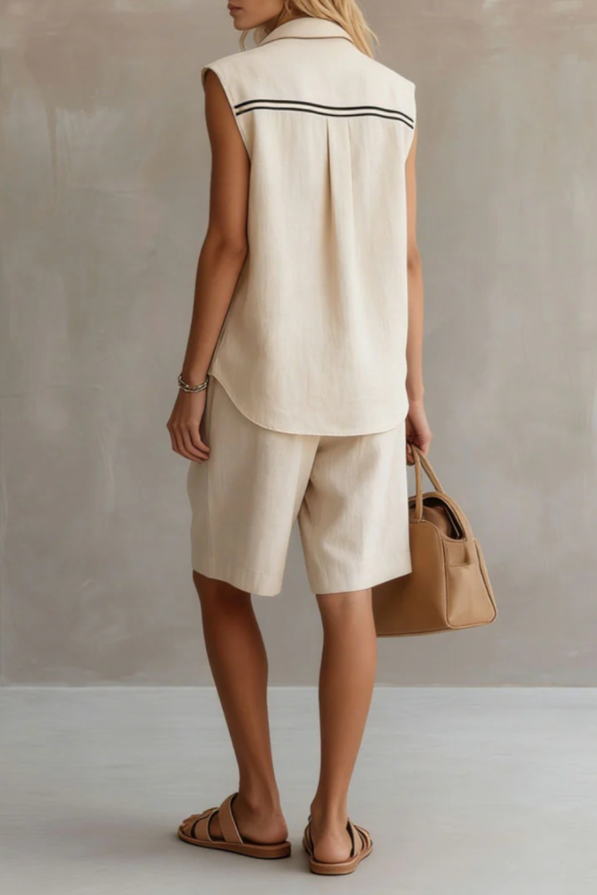 Color Block Lapel Sleeveless Linen Top & Shorts Two Piece Set | Summer Office Casual Women Outfit