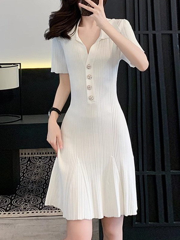 Waist Cinch V Neck Ice Silk Knit A-Line Dress | Slimming Summer Women Dress