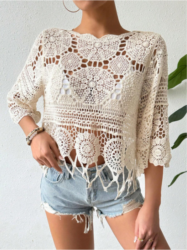 Bohemian Openwork Fan Trim Three-Quarter Sleeve Cover-Up Top