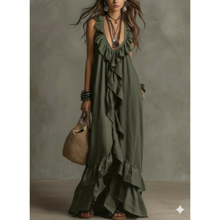 Solid Ruffle Sleeveless Loose Dress | Fashion Summer Women Casual Dress