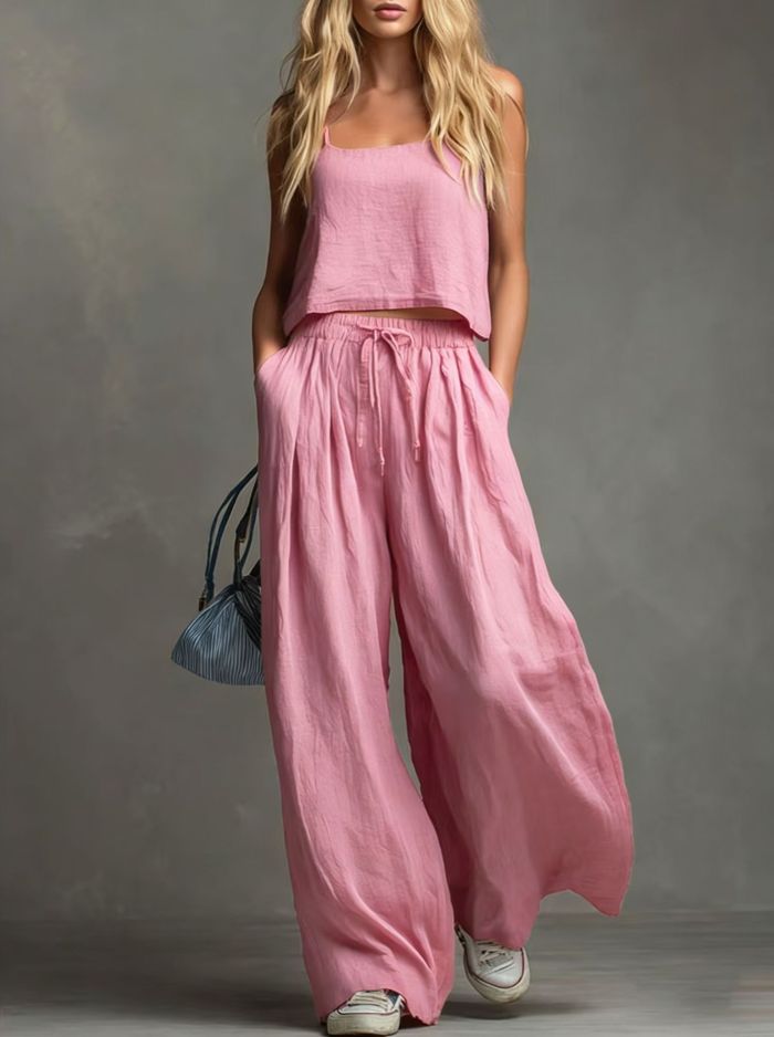 Suspender Top & Lace-Up Pocket Wide Leg Pants Two Piece Set | Summer Women Casual Suit
