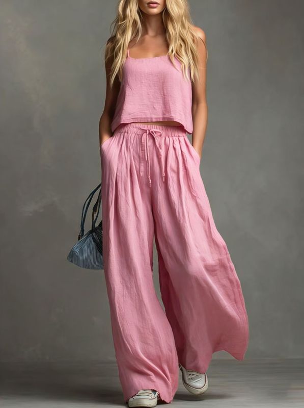 Suspender Top & Lace-Up Pocket Wide Leg Pants Two Piece Set | Summer Women Casual Suit