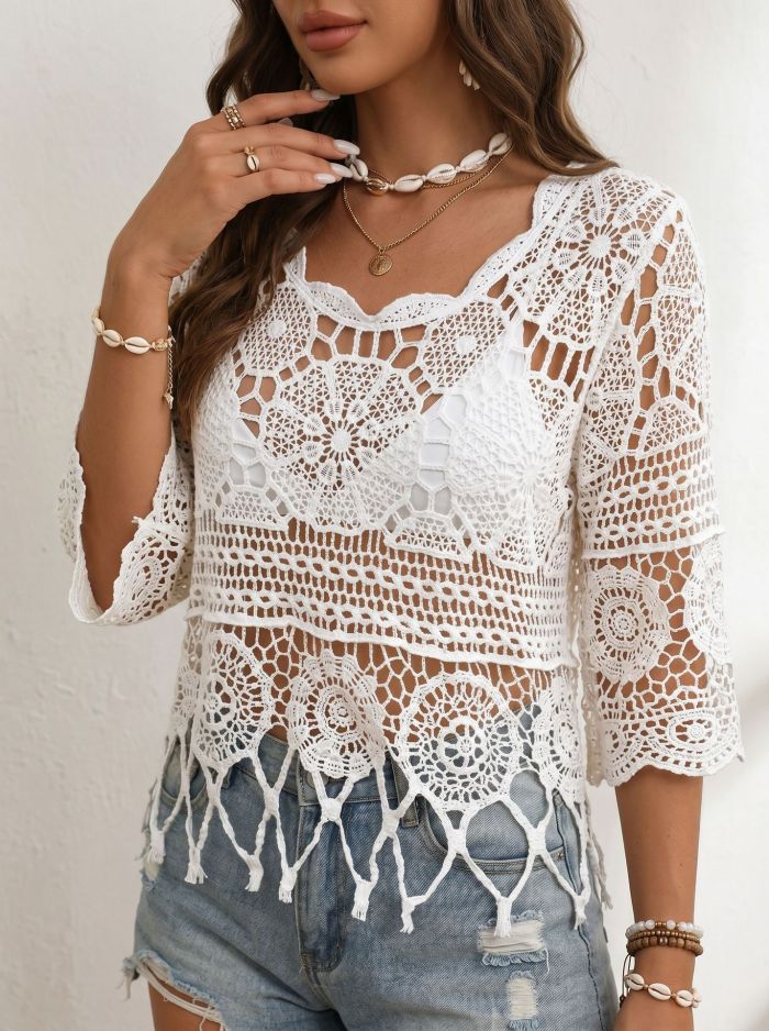Bohemian Openwork Fan Trim Three-Quarter Sleeve Cover-Up Top
