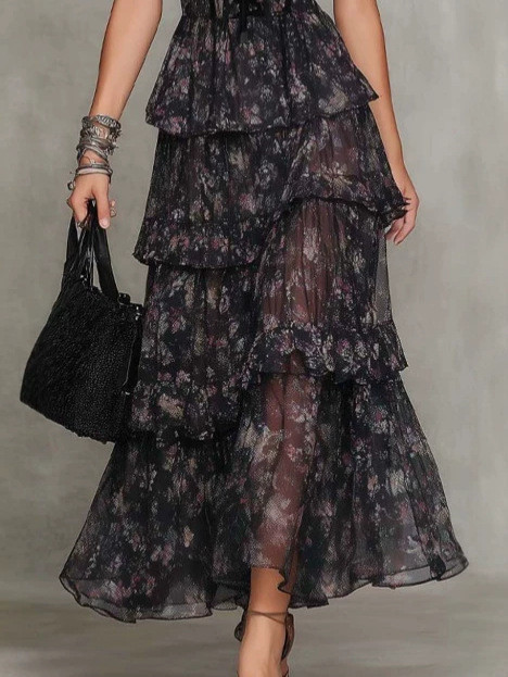 Gothic Floral Tiered Chiffon Maxi Dress With Corset Waist