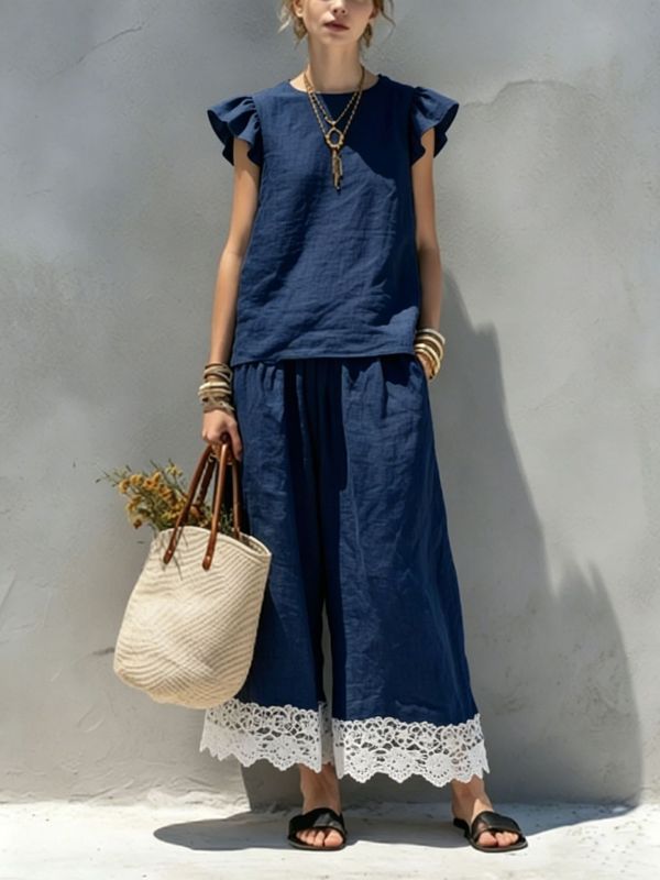 Ruffle Sleeveless Lace Trim Top & Wide Leg Pants Two Piece Set | Casual Summer Women Outfit