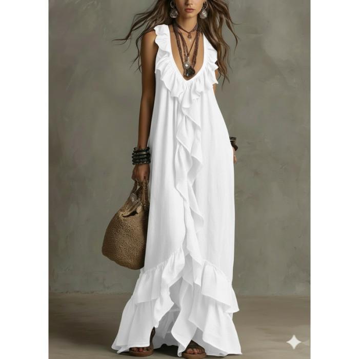 Solid Ruffle Sleeveless Loose Dress | Fashion Summer Women Casual Dress