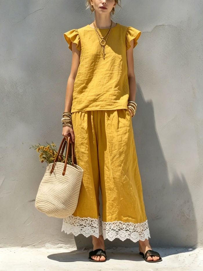 Ruffle Sleeveless Lace Trim Top & Wide Leg Pants Two Piece Set | Casual Summer Women Outfit