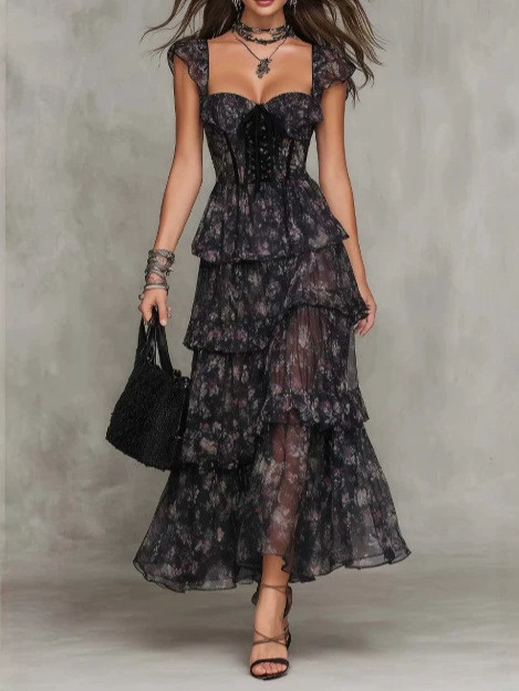 Gothic Floral Tiered Chiffon Maxi Dress With Corset Waist