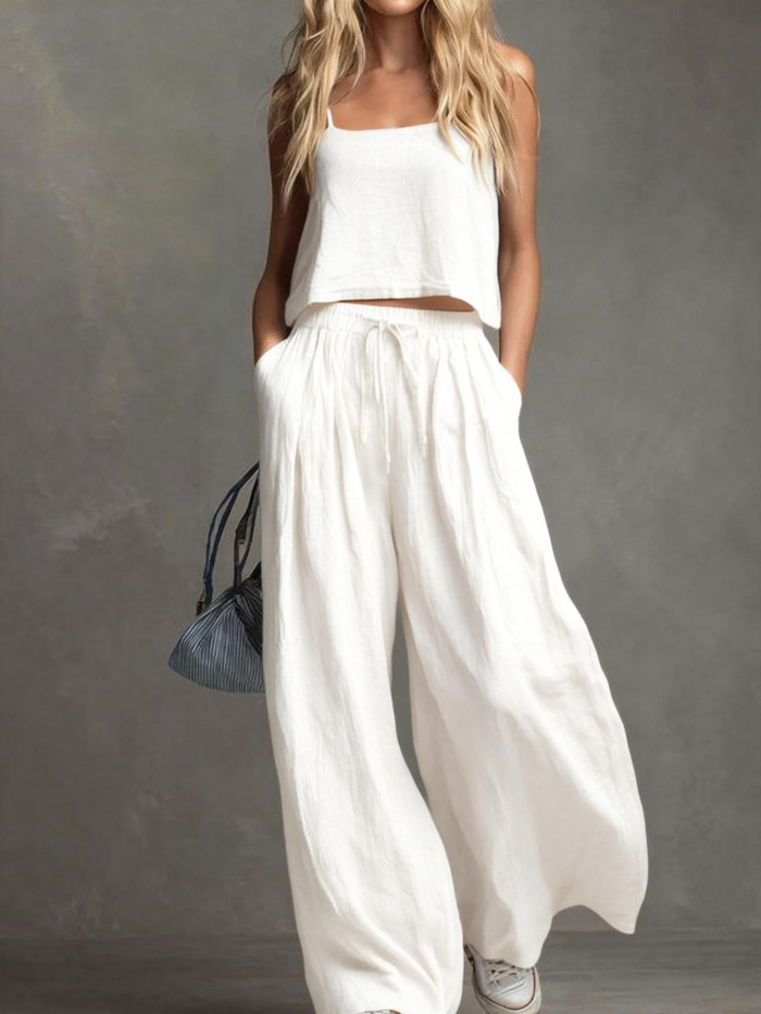 Suspender Top & Lace-Up Pocket Wide Leg Pants Two Piece Set | Summer Women Casual Suit