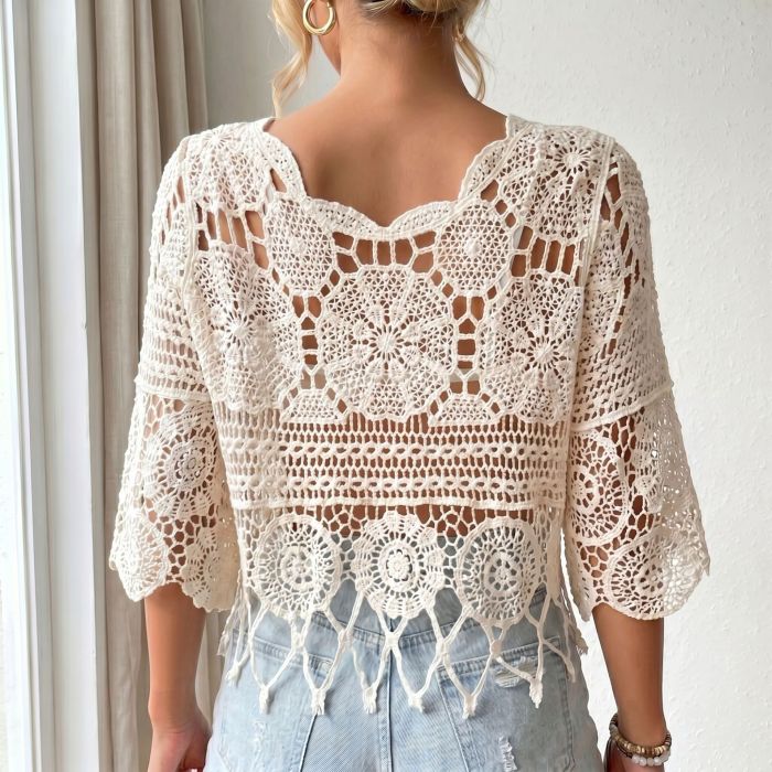 Bohemian Openwork Fan Trim Three-Quarter Sleeve Cover-Up Top