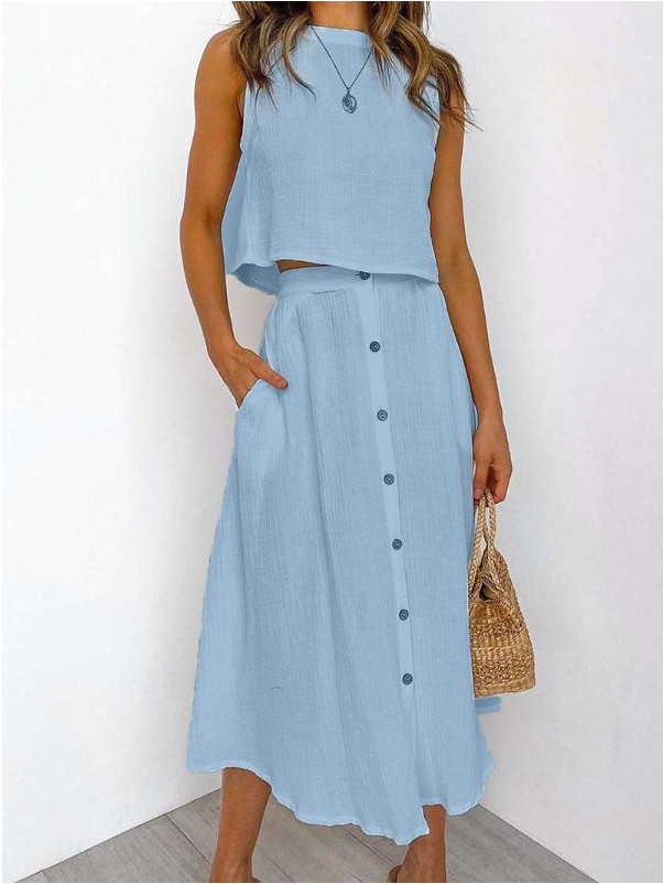 O-Neck Vest & Single-Breasted Midi Skirt Two Piece Set | Elegant Double-Layer Women Outfit