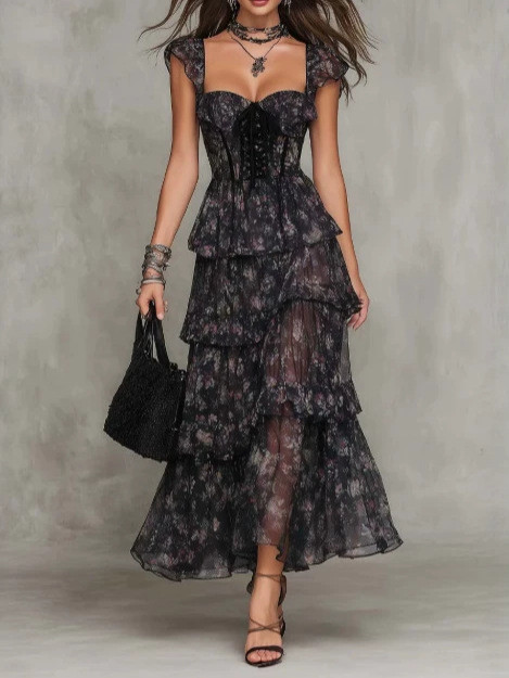 Gothic Floral Tiered Chiffon Maxi Dress With Corset Waist