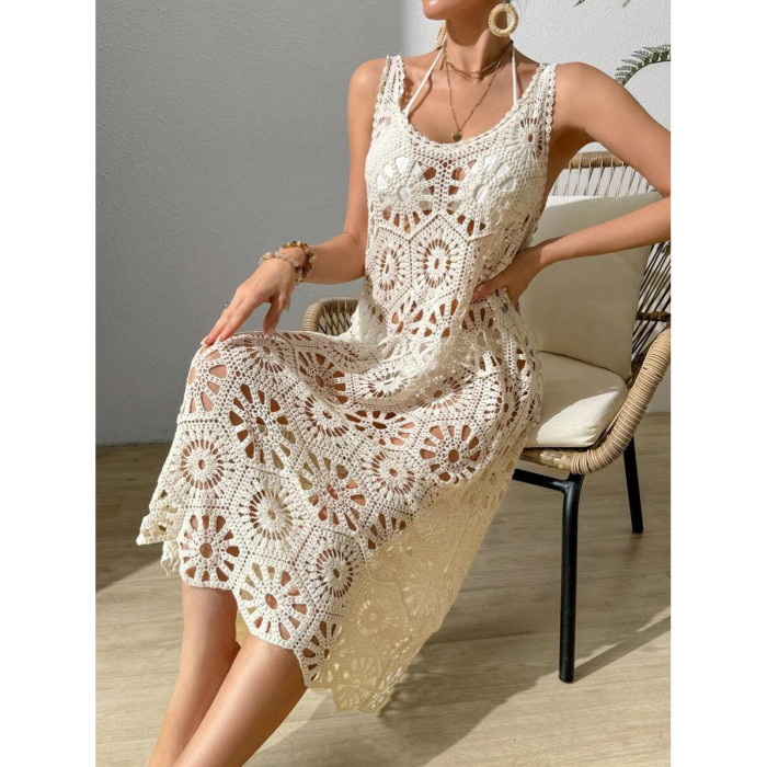 3D Floral Knit Deep V Lace-Up Backless Midi Slip Dress | Women Summer Beach & Dating Outfit