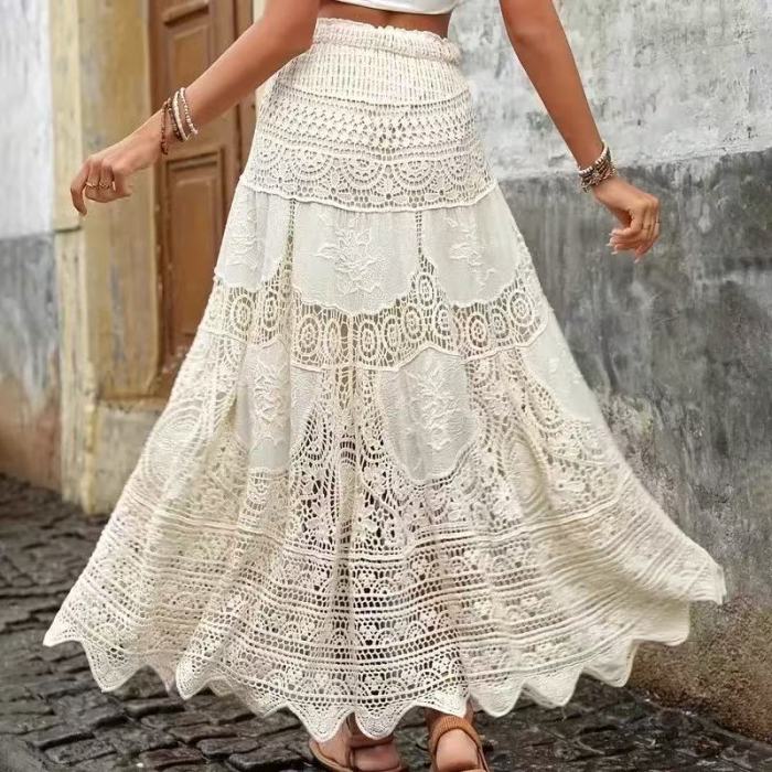 Bohemian Hollow Lace High Waist Wide Umbrella Skirt | Women Vacation Casual Bottom