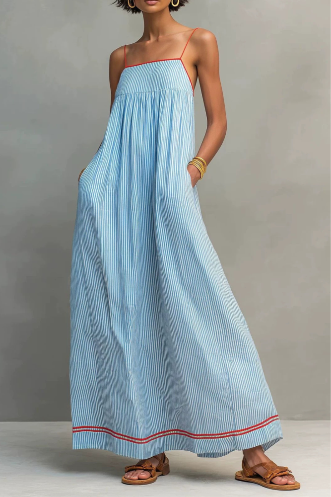 Boho Striped Frill Trim Backless Maxi Dress | Elegant Women Beach & Vacation Outfit