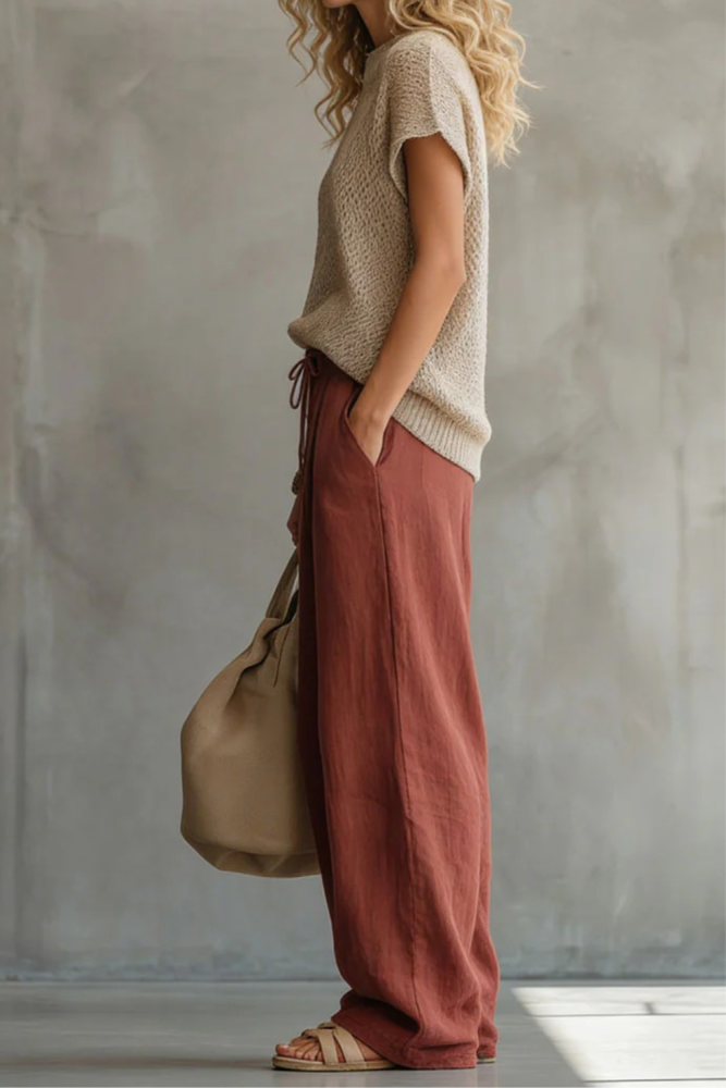 Knitted Pullover Top & Cotton Linen Trousers Two Piece Casual Set