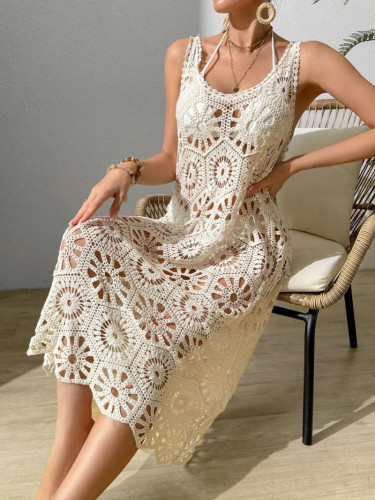3D Floral Knit Deep V Lace-Up Backless Midi Slip Dress | Women Summer Beach & Dating Outfit